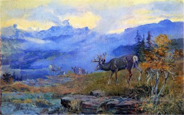Ciervos pastando 1912 Charles Marion Russell Pinturas al óleo